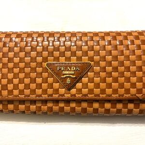 Genuine Prada Logo Intrecciato Triangle Plate Leather Wallet